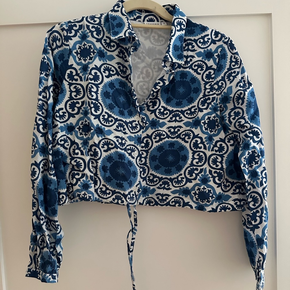 Blue Floral Women's Button Down Long Sleeve Cropped Drawstring Waist Shirt
